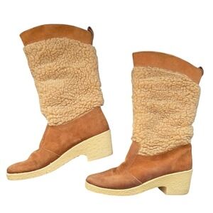 Vintage 70s Quoddy Moccasins Shearling Lined Suede Boots Tan 6